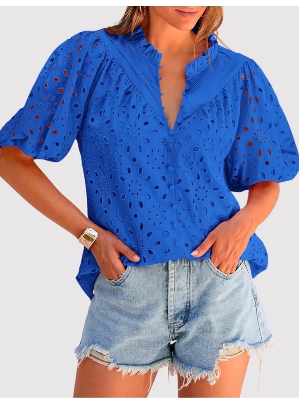 Eyelet V-Neck Puff Sleeve Blouse - Royal Blue